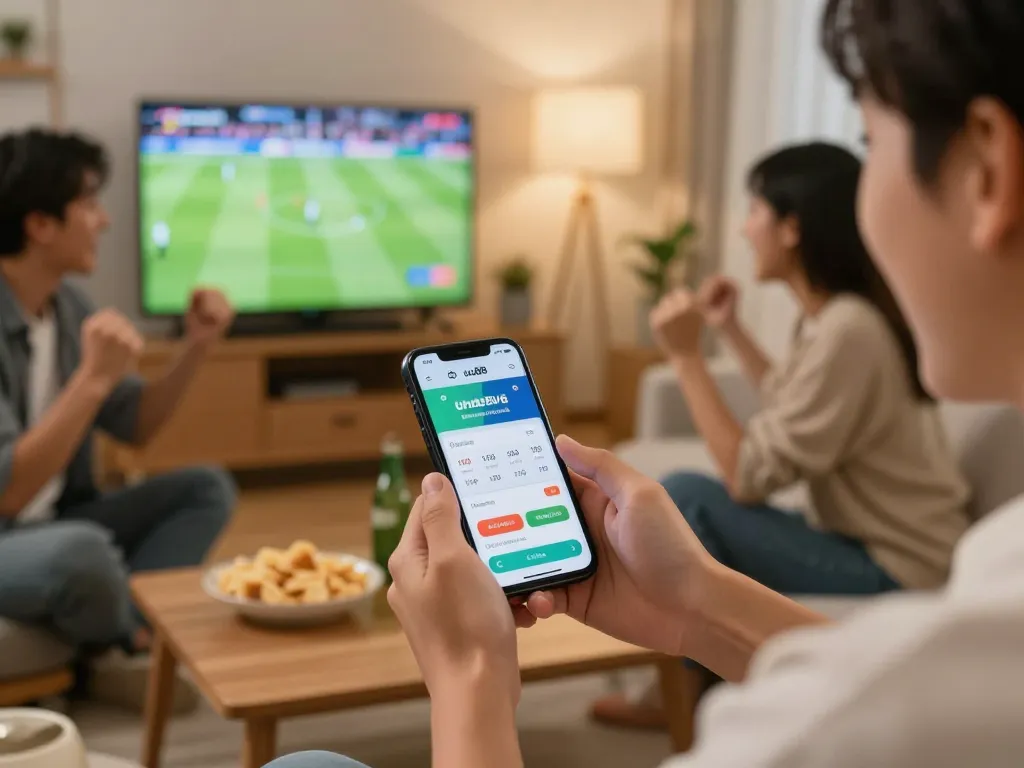 Engaging sports betting moment on uu88 link with smartphone and friends cheering during a live game.