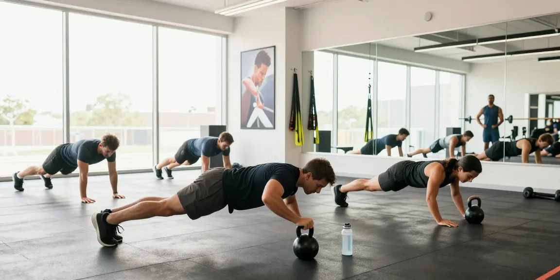 Latihan intensitas tinggi IMBAJP dengan atlet beraksi di gym yang modern dan cerah.