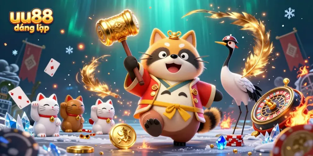 Engage with excitement at uu88 đăng nhập with festive tanuki and samurai crane in a vibrant casino setting.