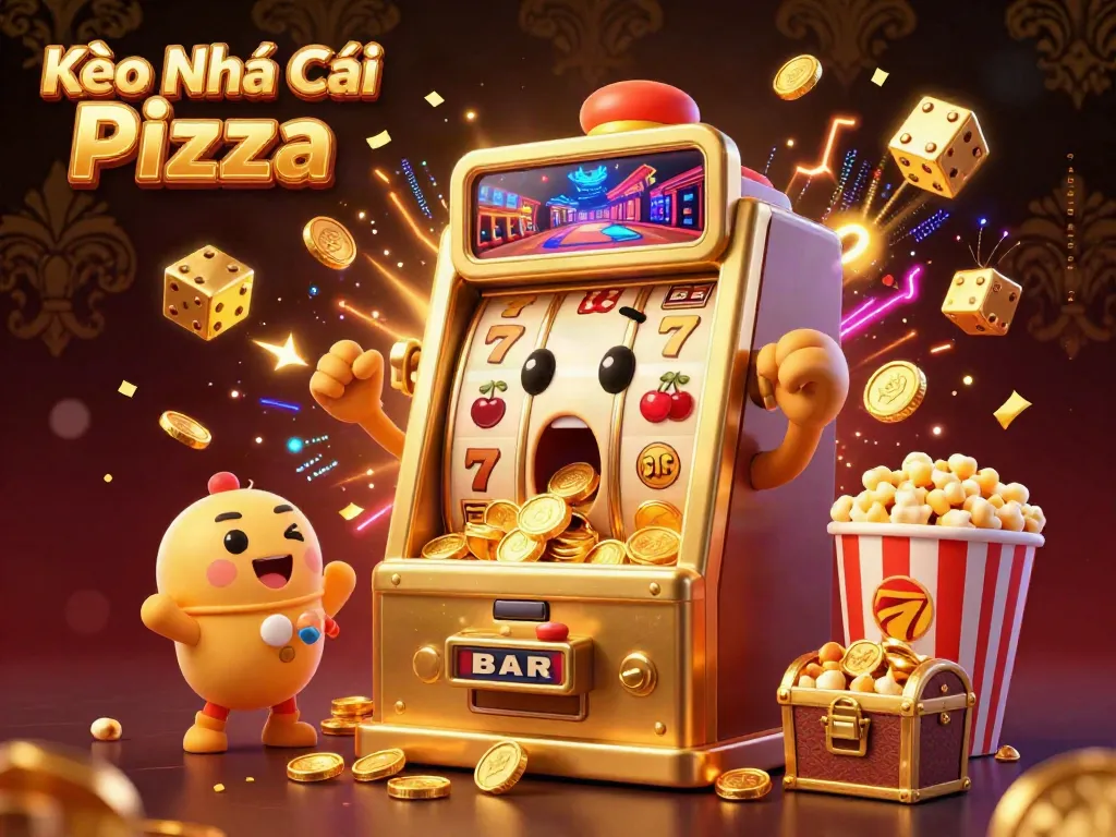 Kèo Nhà Cái Pizza celebrates jackpot wins with lively golden slots and casino-themed visual effects.