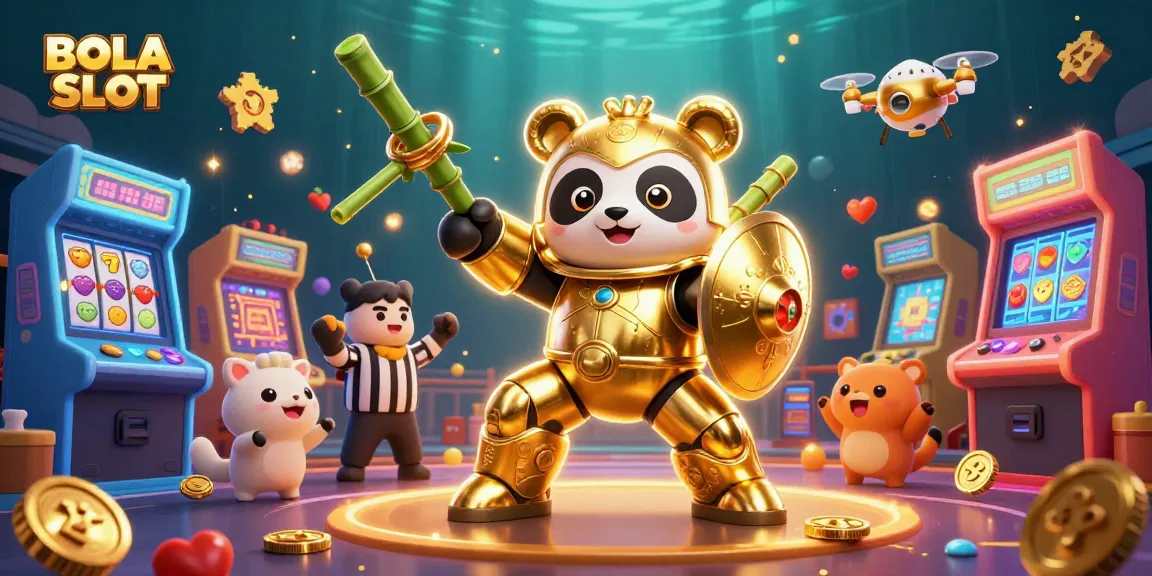 BOLA SLOT gameplay featuring golden panda in mech-suit action with slot machines and exciting power-ups