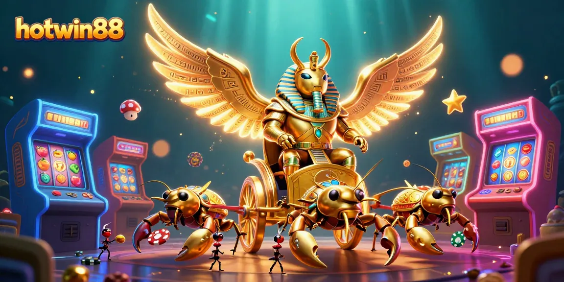 hotwin88 menampilkan scarab emas berarmor firaun dikelilingi slot jackpot berwarna-warni dalam ilustrasi 3D yang menakjubkan.