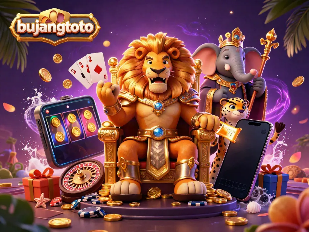 Engage with bujangtoto's vibrant 3D casino scene featuring a lion king, an elephant advisor, and a cheetah messenger.