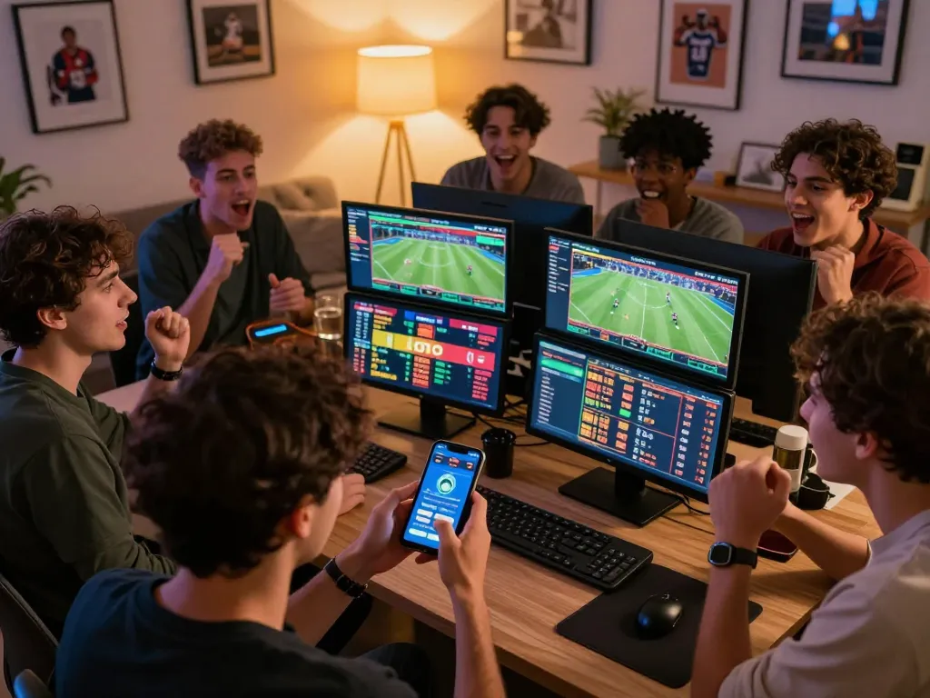 Fun88 user engaging in live sports betting excitement on a smartphone while friends discuss bets.