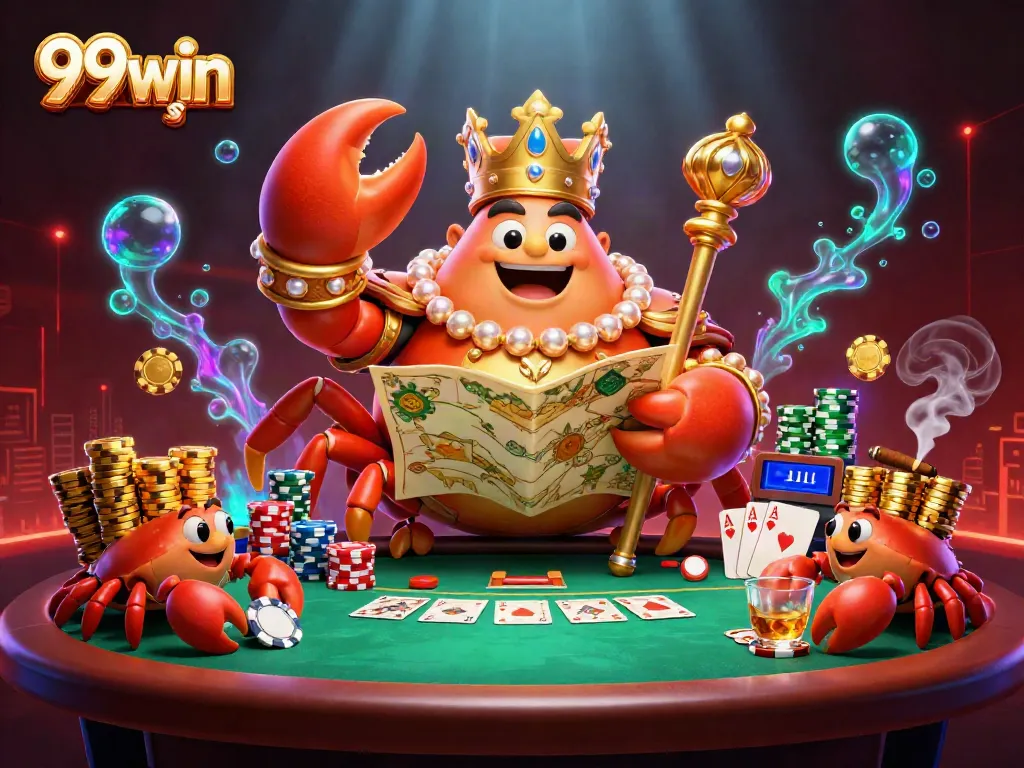 Experience thrilling games at 99win si with our vibrant 3D casino illustration showcasing a golden crab emperor.