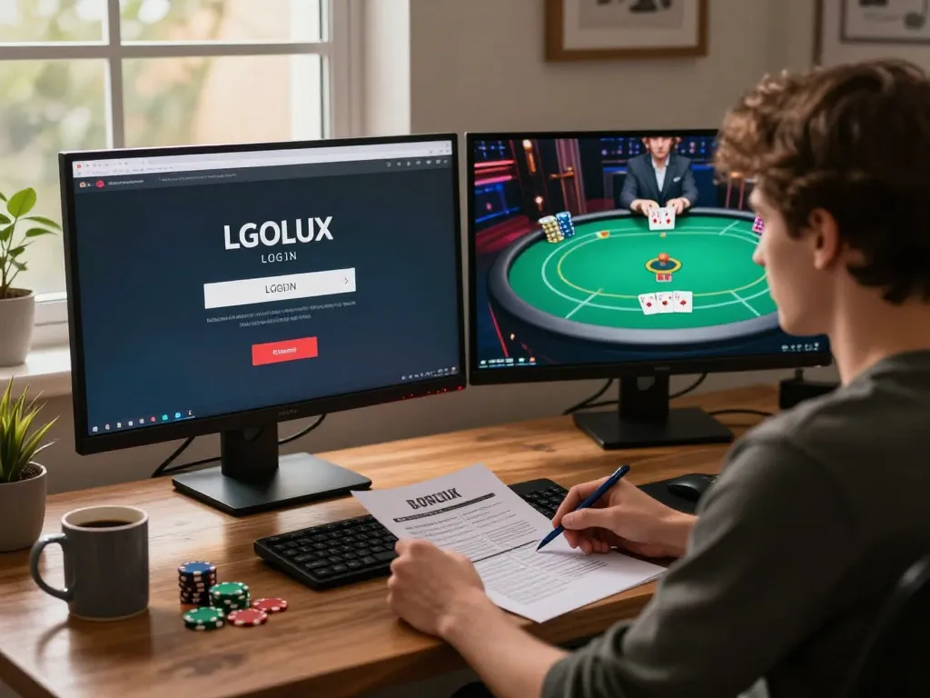 Engaging in LGOLUX LOGIN while strategizing poker gameplay with dual screens in a cozy home office.