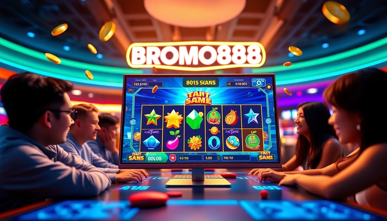 BROMO888 online gaming interface with vibrant slot graphics and playful elements