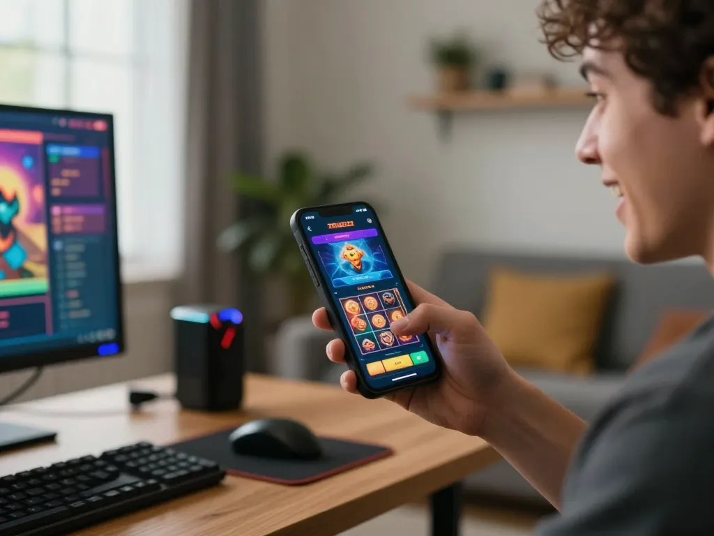 Engaging in slot gameplay on ZEUS222 app with smartphone at home gaming setup