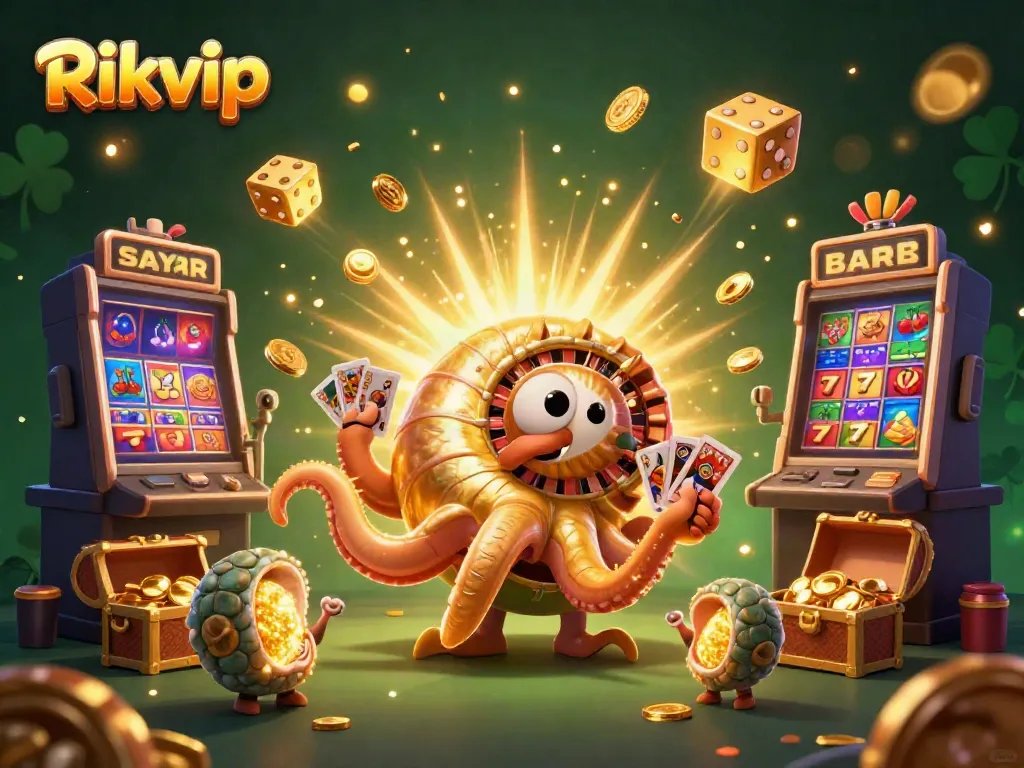 Engage with Rikvip's vibrant casino scene featuring a giant nautilus roulette wheel and jackpot elements.