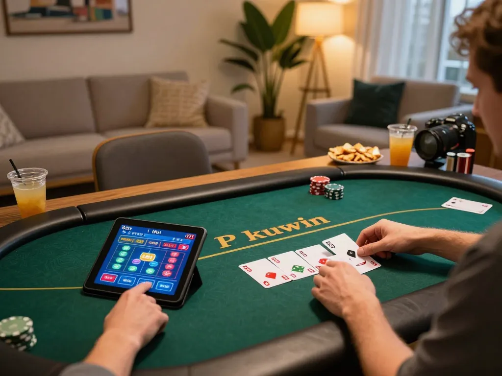 Kuwin online poker gameplay on tablet in a cozy home setting with warm lighting and snacks