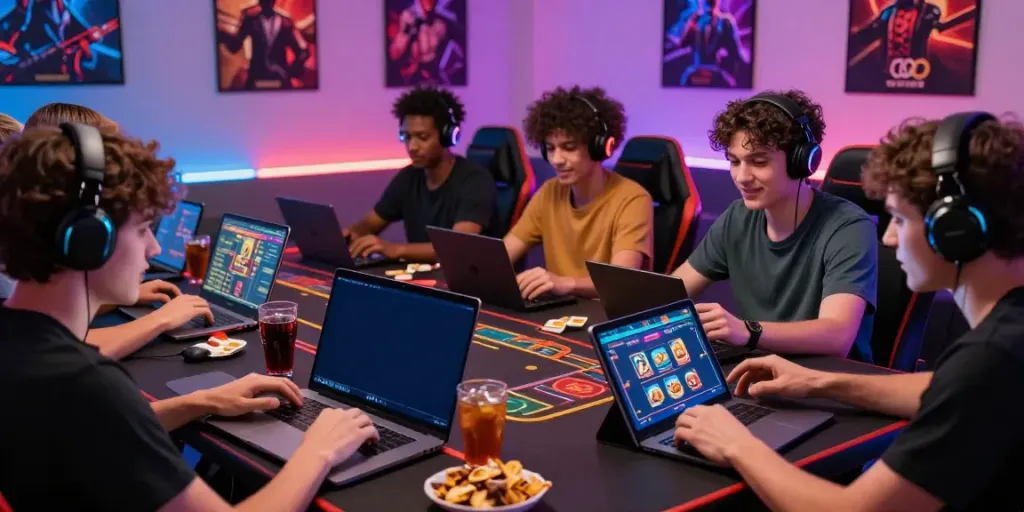 Pengguna bersemangat bermain di platform OMTOGEL dengan berbagai perangkat, menciptakan suasana kasino yang mengasyikkan.