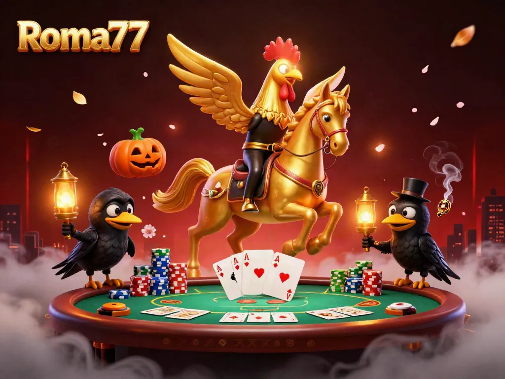 Experience the excitement of Roma77 casino with golden rooster characters surrounded by vibrant game elements.
