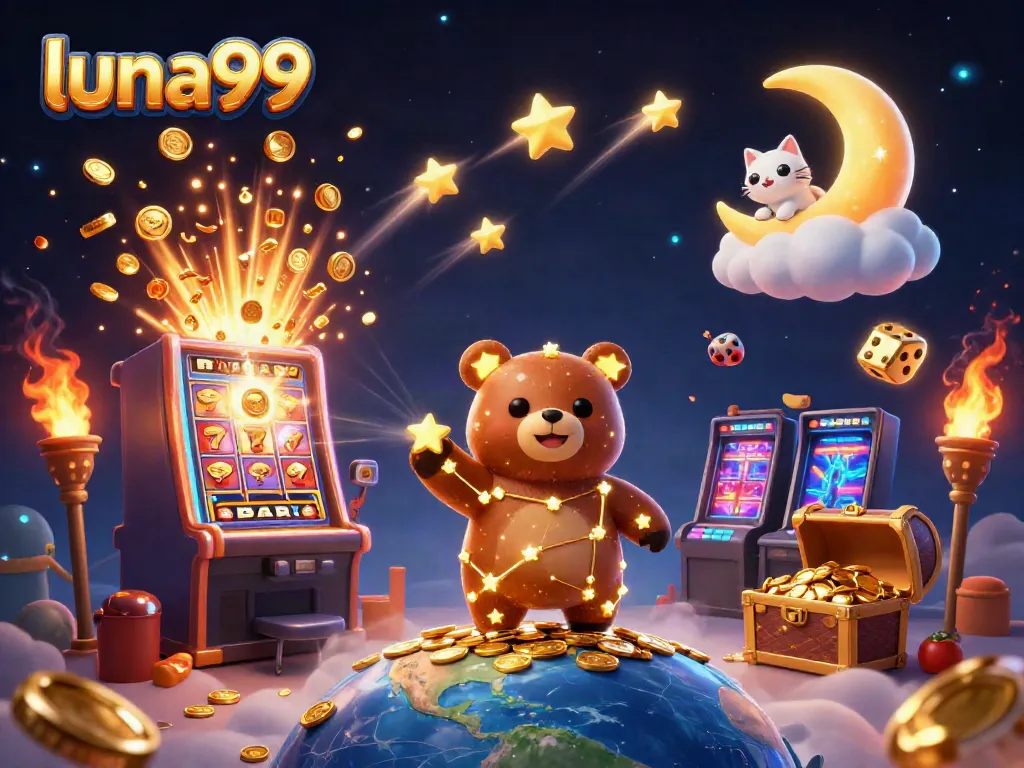 Gambarkan keberuntungan dengan luna99 yang penuh koin dan slot mesin jackpot yang gemerlapan.