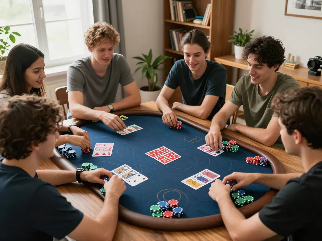 IDNSCORE poker game strategy session with friends at home highlighting excitement and social interaction