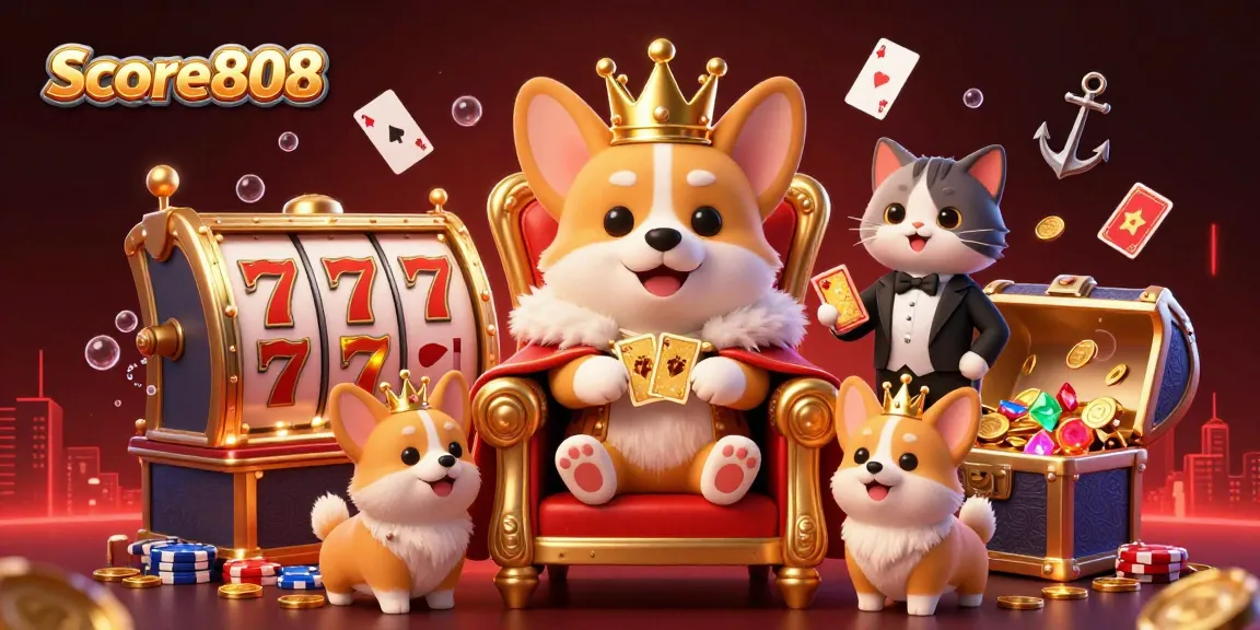 Engage with Score808 while enjoying vibrant poker-themed illustration featuring a corgi on poker chips.