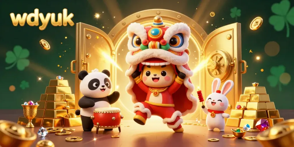 Experience the thrill of wdyuk with a vibrant 3D casino illustration featuring a lion dance, treasures, and gems.