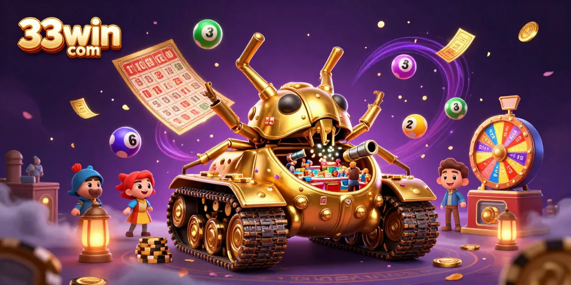 Engage with 33win com's vibrant gaming scene featuring a golden beetle tank bursting with casino excitement!