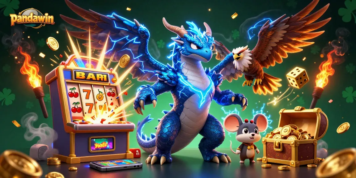Experience thrilling wins with pandawin in a vibrant 3D casino scene filled with magical characters and games.