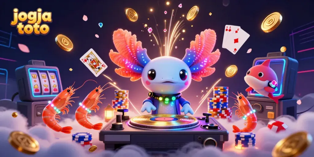 Engage with jogja toto in a vibrant casino scene featuring a neon-colored axolotl DJ spinning records.