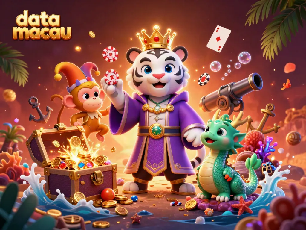 Menampilkan data macau dengan harimau, monyet, dan naga, dikelilingi harta karun dan elemen bermain.