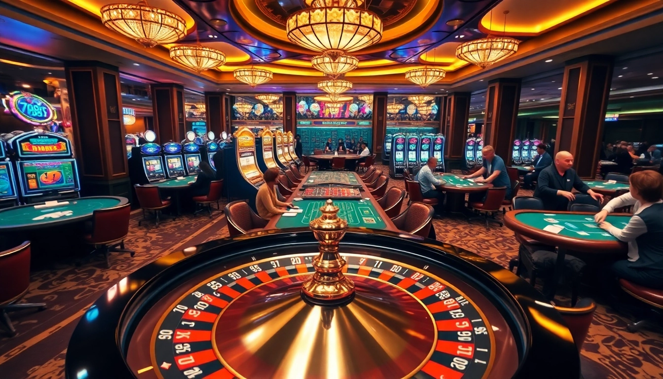 Exciting gaming atmosphere at nhà cái 789bet with poker tables, roulette wheel, and slot machines.