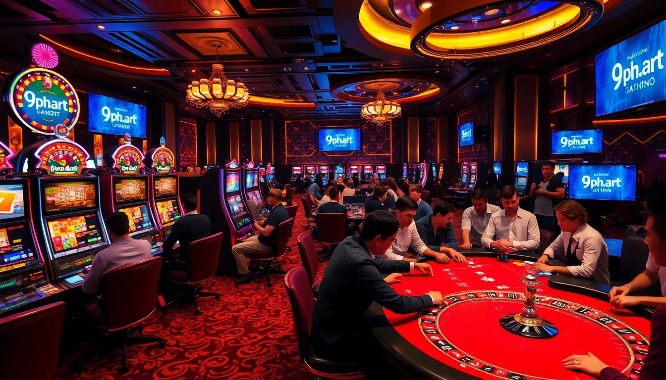 Players engaging in high-stakes gaming at 9ph.art, featuring vibrant slot machines and poker tables.
