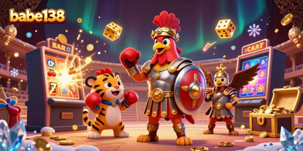 Babe138 menghadirkan ilustrasi kasino yang menarik dengan simbol permainan slot dan karakter unik.
