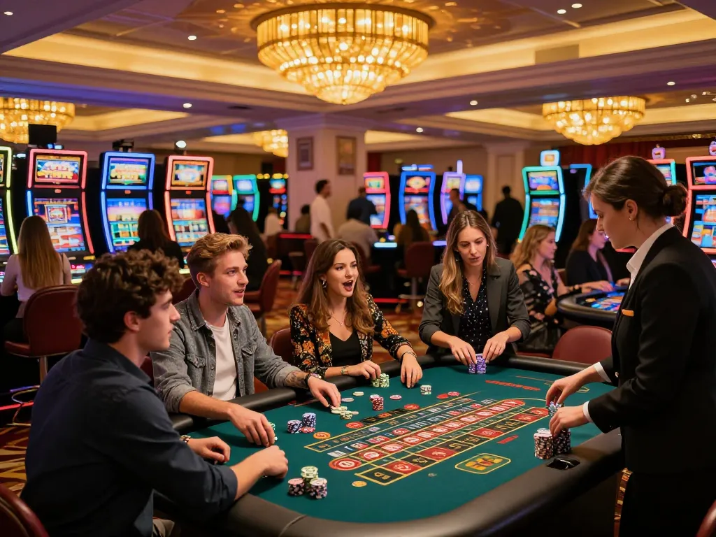 IDNSCORE players engaging at a roulette table in an exciting casino atmosphere