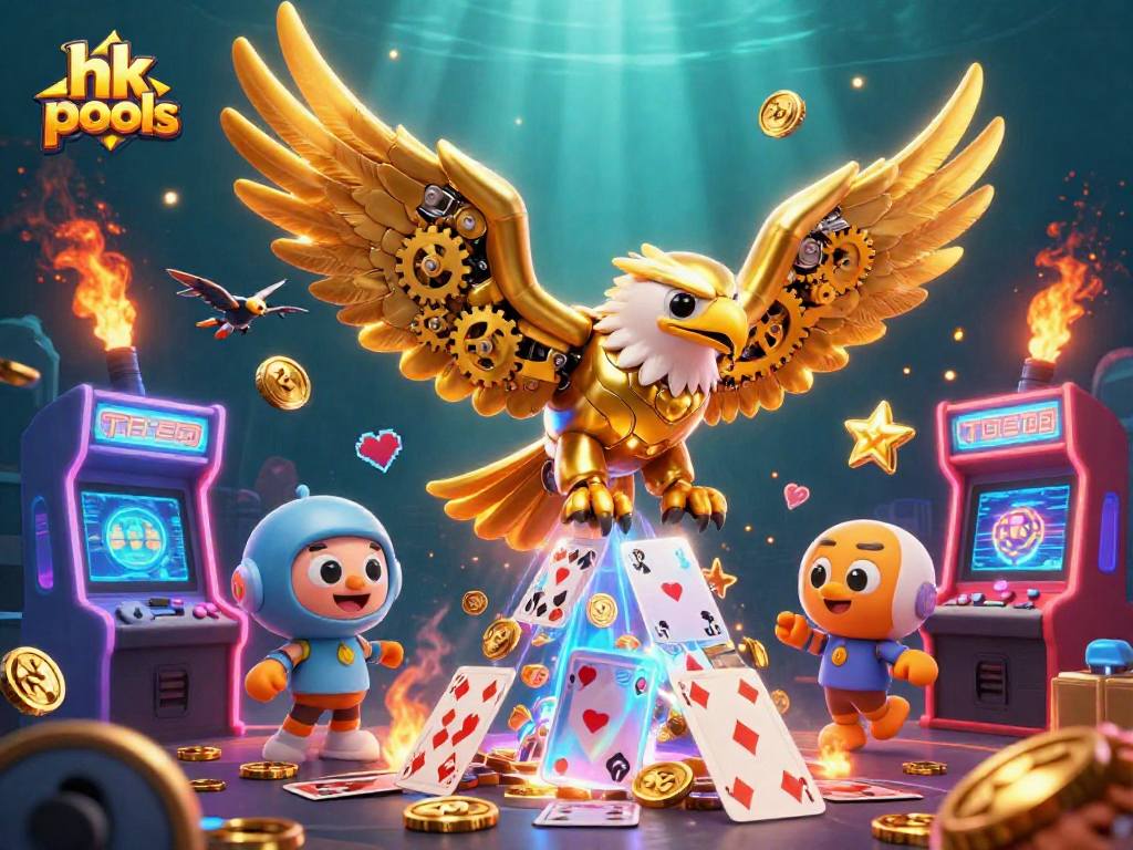 Masuki keseruan hk pools dengan ilustrasi 3D menakjubkan yang menampilkan elang emas futuristik dan berbagai elemen kasino.