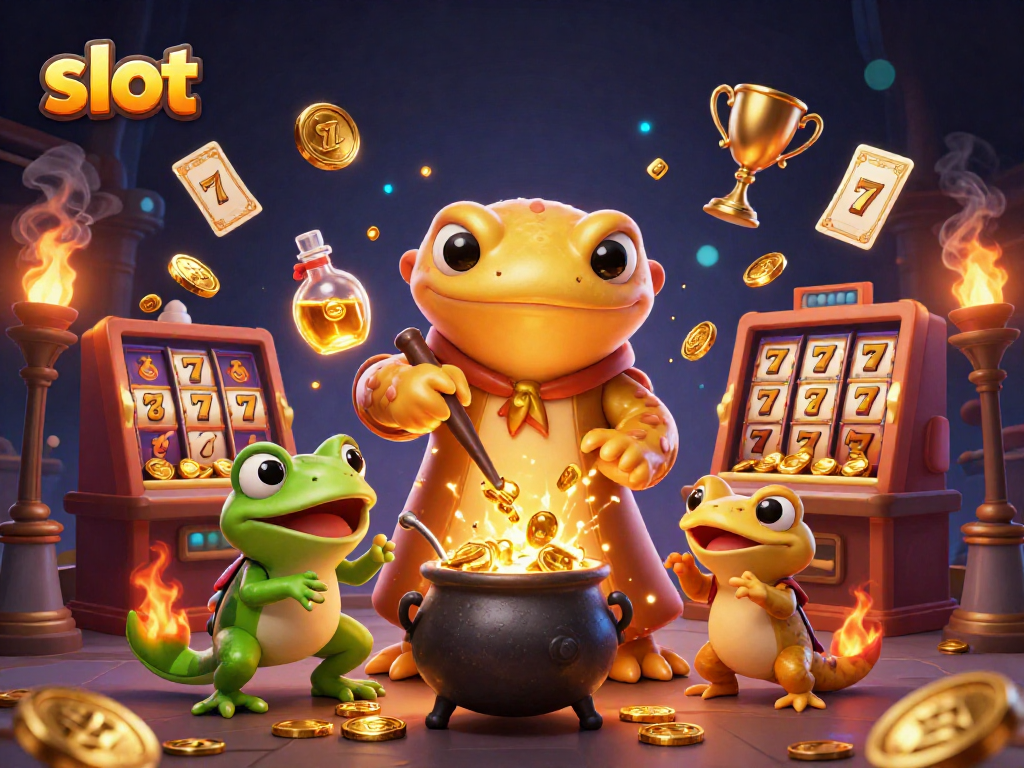 Spin the slot reels and win big with a 3D golden salamander alchemist in action.