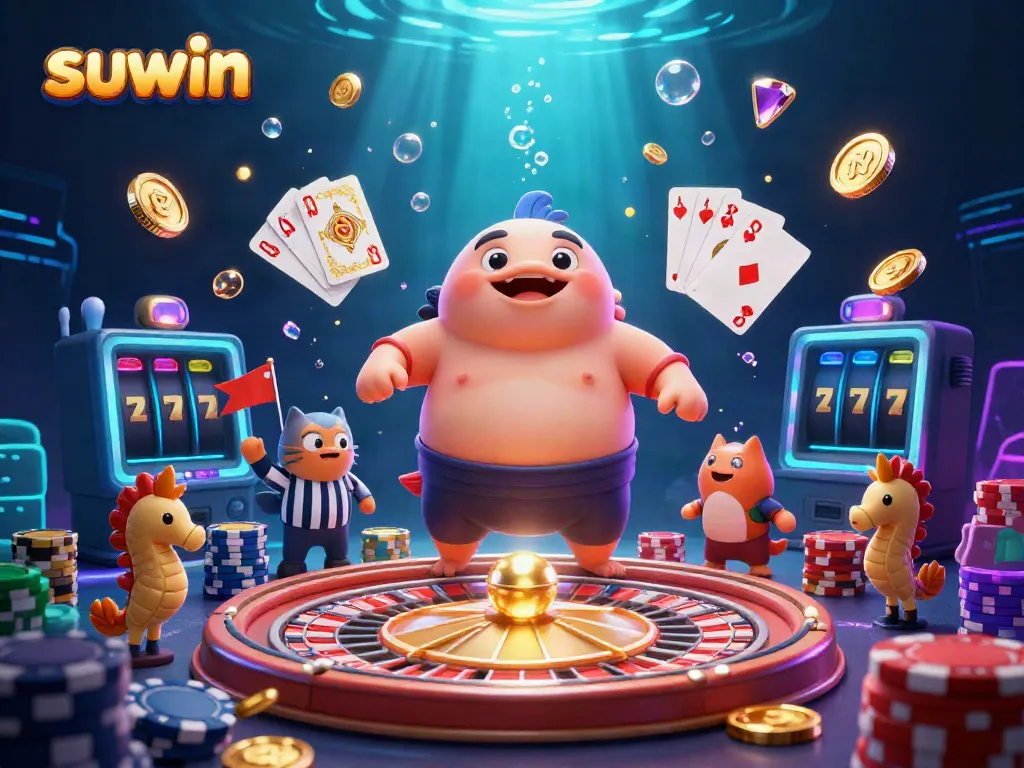Join the fun with suwin in a vibrant underwater casino scene, featuring a fugu and catfish referee.