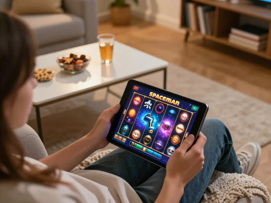 Memainkan permainan slot Spaceman di tablet dalam pengaturan rumah yang nyaman dengan grafik kosmik yang vibrant.