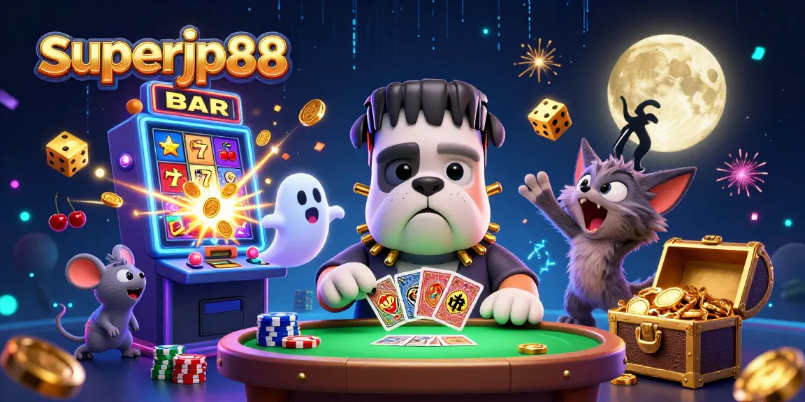 Experience thrilling gameplay with superjp88 as a Frankenstein bulldog deals cards amidst jackpot explosions and gold coins.