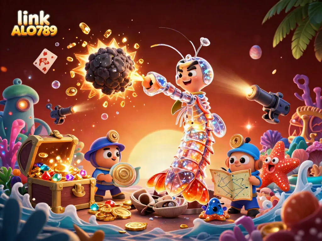 Engage in thrilling action with link ALO789 as a mantis shrimp breaks an asteroid into treasures amidst vibrant underwater elements.