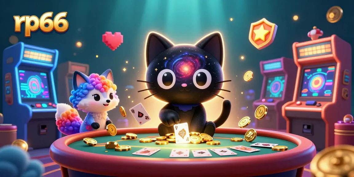 Enjoy rp66 gaming with an energetic scene featuring a black hole cat and cosmic elements.