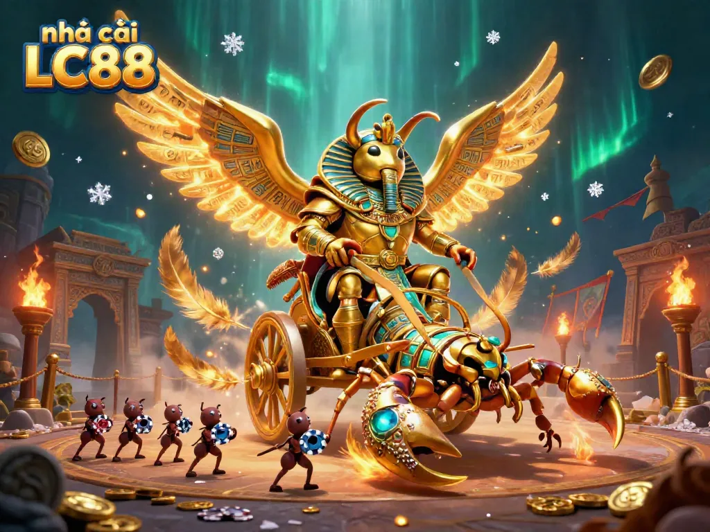 Experience the dynamic world of nhà cái LC88 with a golden scarab beetle, a vibrant casino scene, and energetic elements.