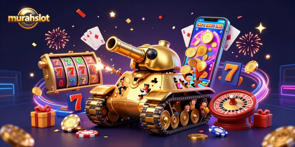 Experience the excitement of murahslot with dynamic casino elements and celebrations in a vibrant 3D illustration.