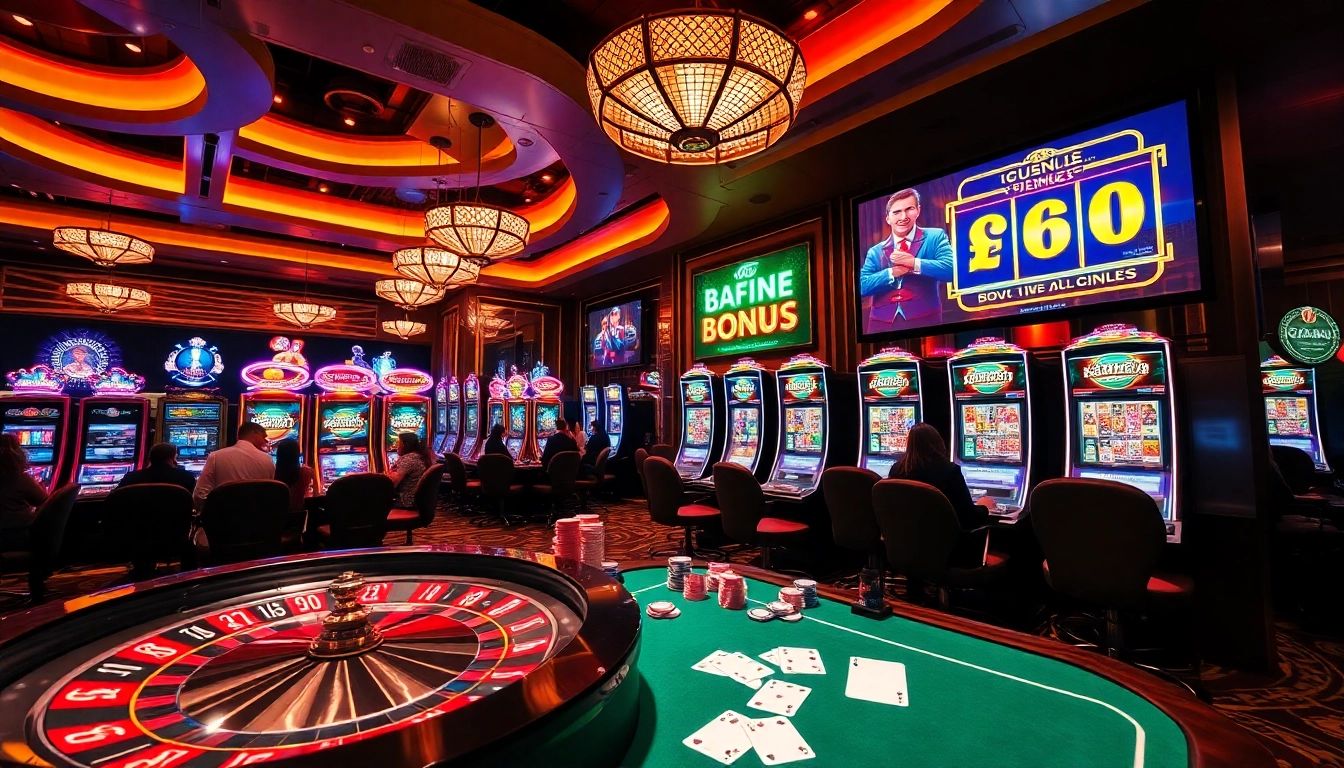 Players celebrating a slot bonus win at a luxury casino with vibrant lights and action.
