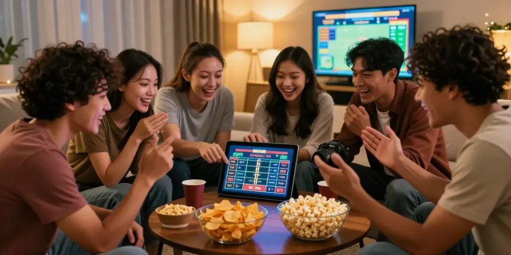Friends joyously engaging with jebolwd togel on a tablet in a cozy living room.