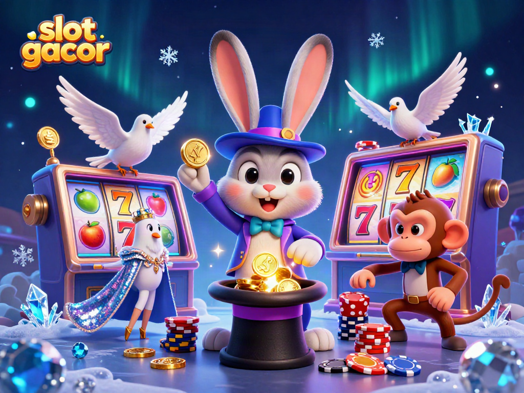 Slot gacor menampilkan kelinci penyihir menarik koin emas di kasino virtual yang meriah.