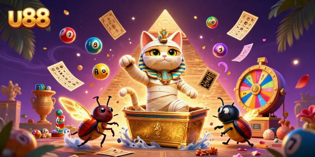 Experience thrilling gaming with u88 as a 3D Egyptian mummy cat bursts from a golden sarcophagus amidst vibrant casino elements.