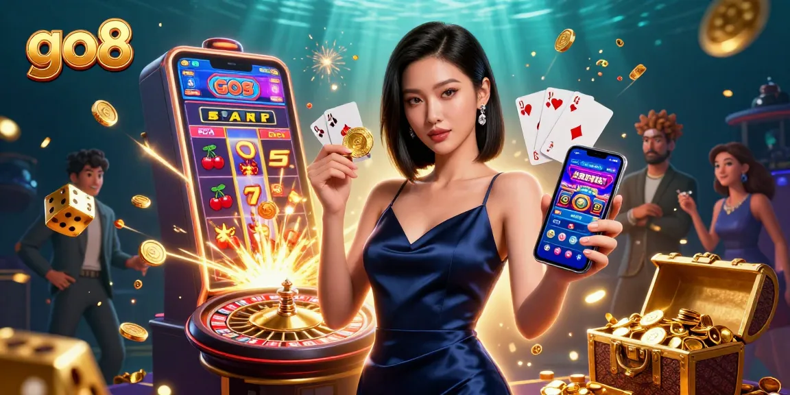 Experience thrilling wins at go8 with an Asian woman confident in her casino app while surrounded by sparkling games.