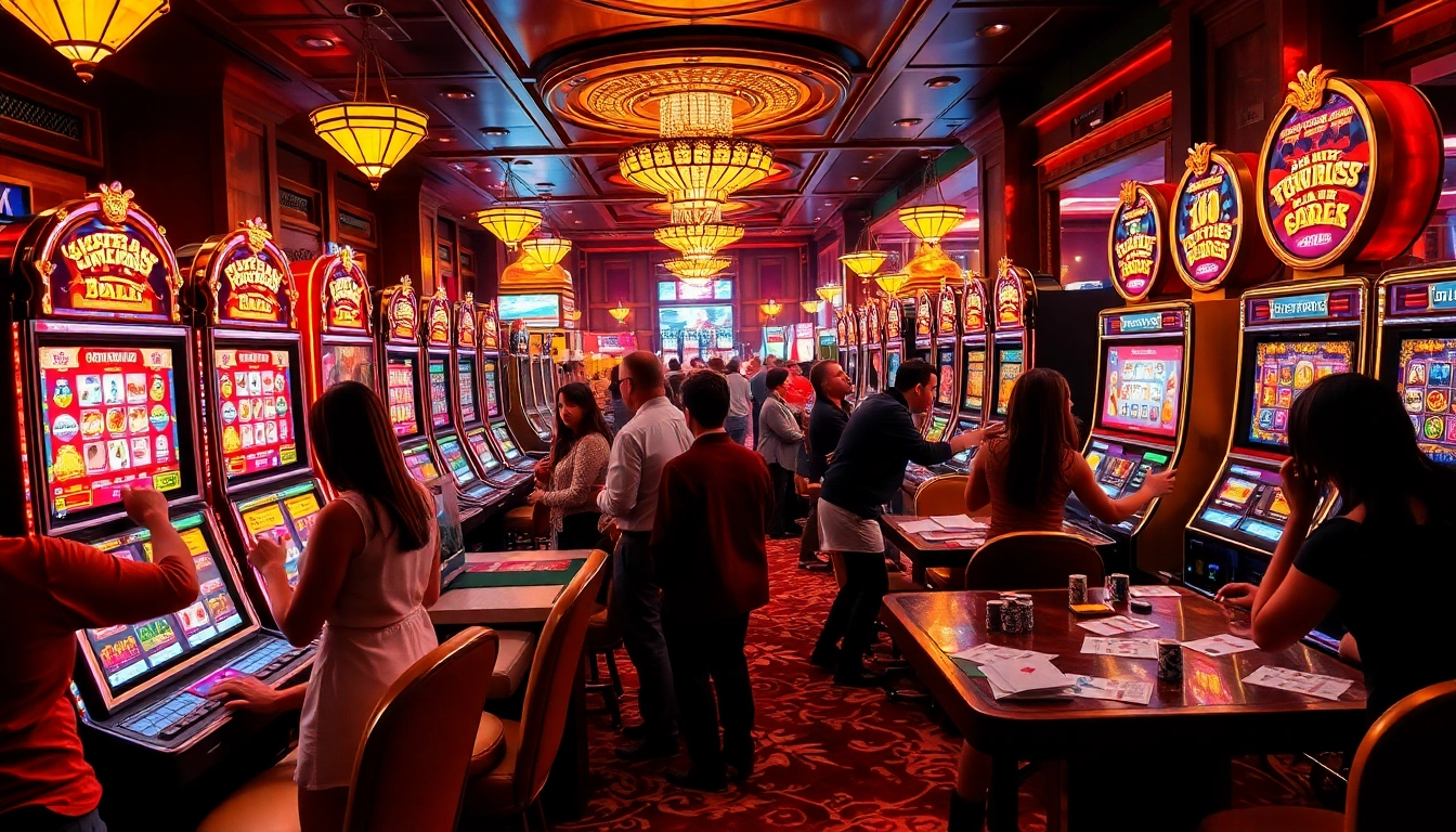 Engaging scene of players enjoying slot online games in a luxurious casino atmosphere