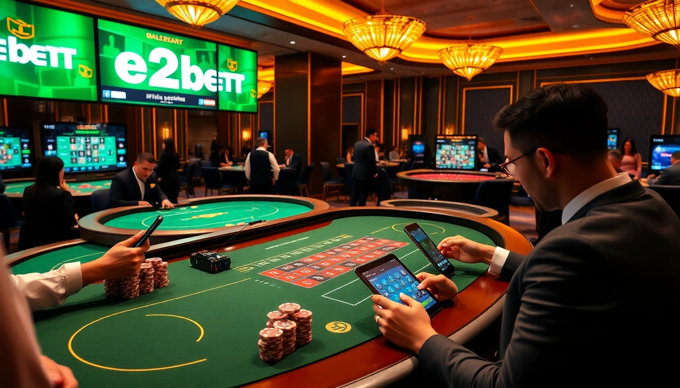 E2bet players enjoying a vibrant online casino experience at luxurious poker tables.