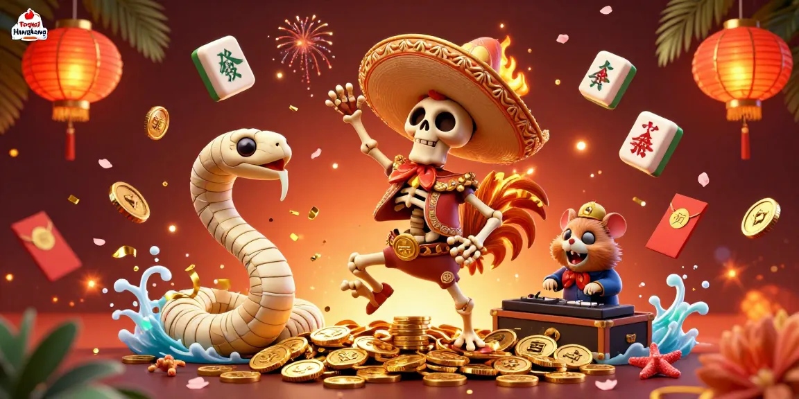 Togel Hongkong winner celebrating in vibrant, ultra-detailed casino scene with festive elements.