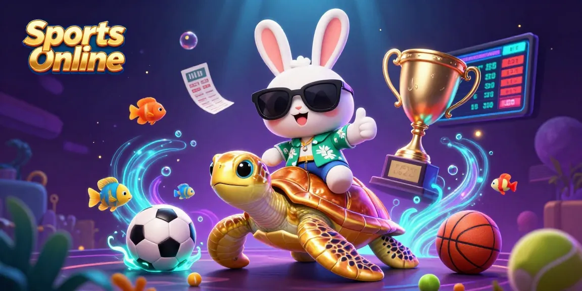 Bet on Sports Online with engaging illustration of a lucky rabbit and golden turtle amidst vibrant sports elements.