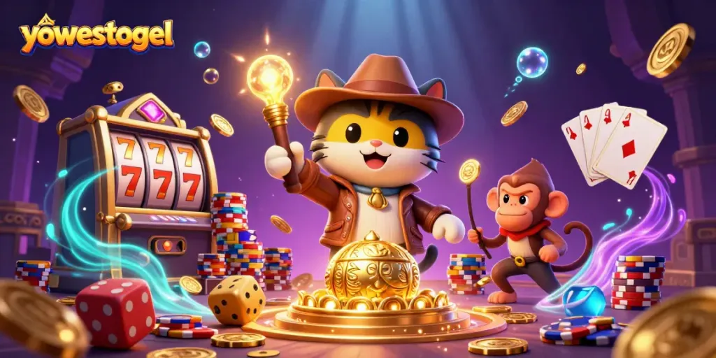 yowestogel brings excitement as an archaeologist cat uncovers treasures amid golden coins and vibrant poker chips
