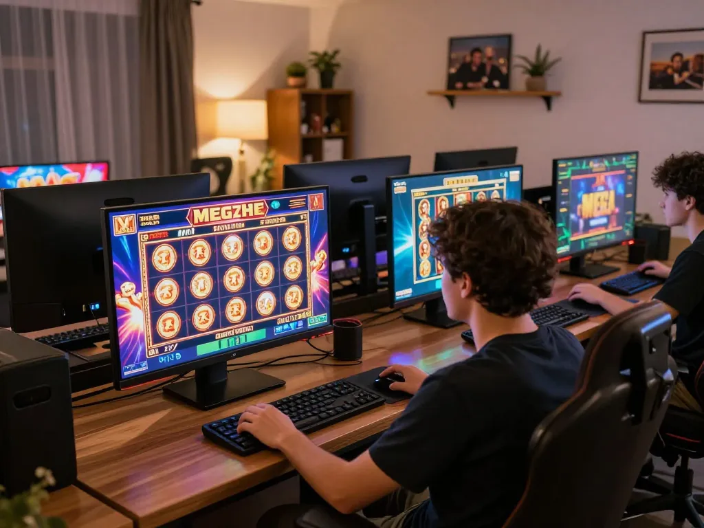 Pemain berinteraksi dengan permainan mega slot di beberapa layar dalam pengaturan permainan rumah yang nyaman.
