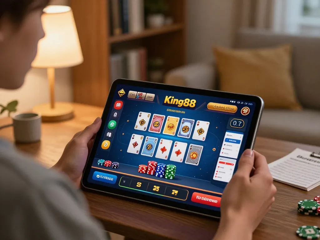 Engaging in strategic gameplay on King88 online casino using a tablet in a cozy home setting.
