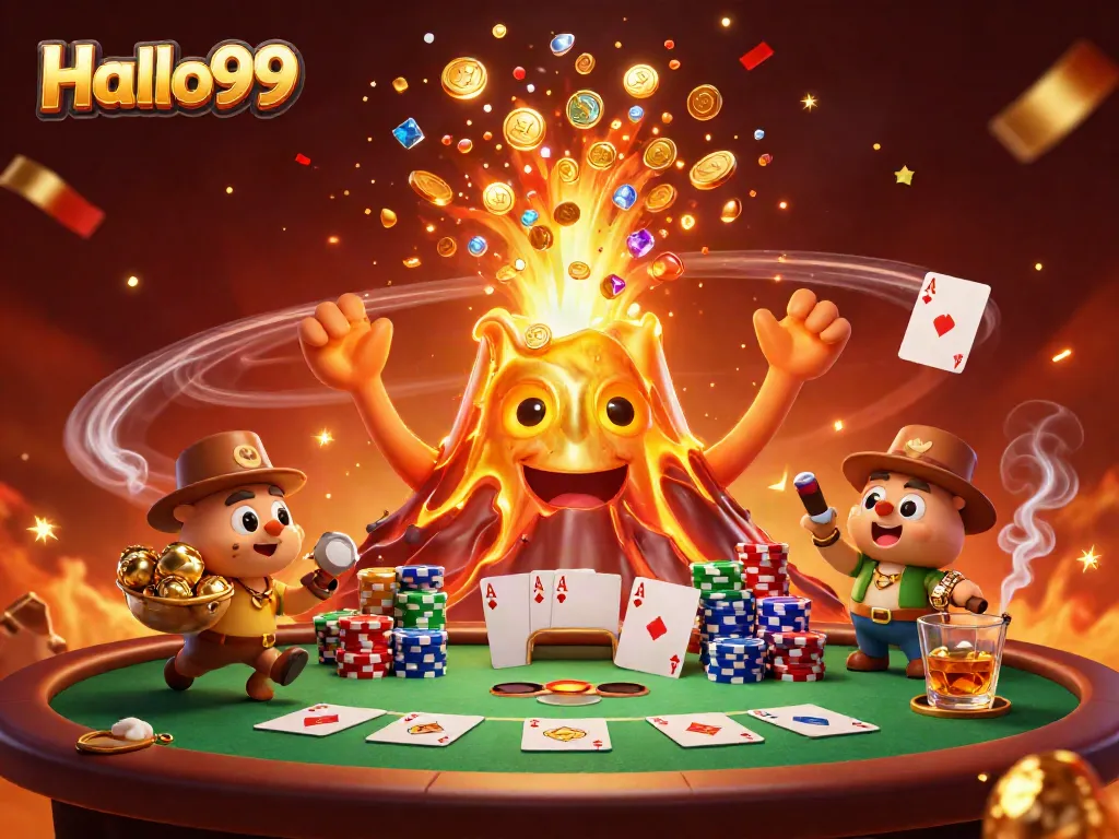 Engage in thrilling casino action with Halo99, where a vibrant scene of treasure and poker cards awaits.